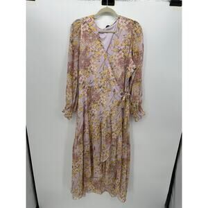 Sonoma Floral Wrap Style Midi Dress 2X Long Sleeve Lilac Yellow Boho Cottagecore